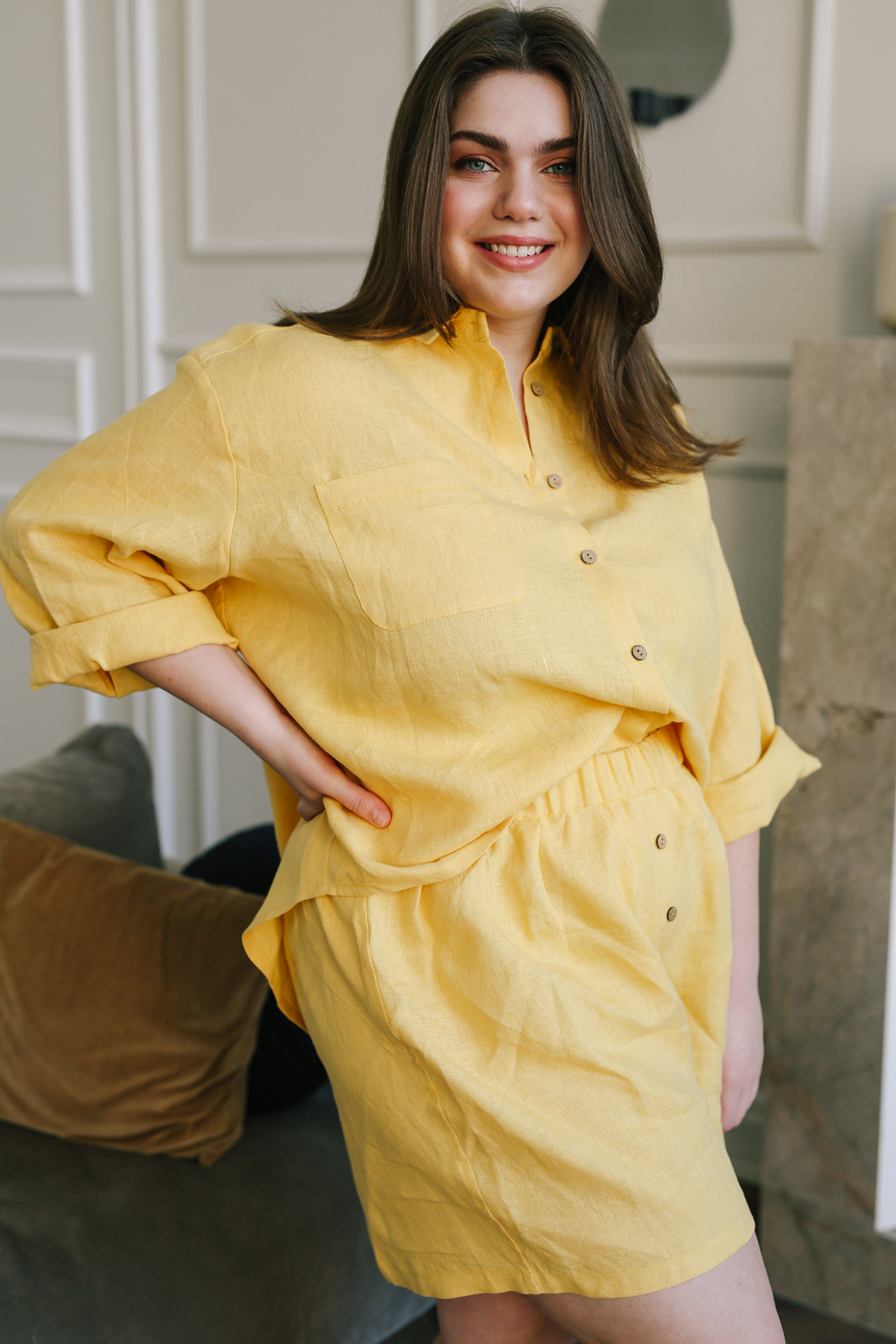 SUNFLOWER Linen Yellow Pajama Set with Shorts