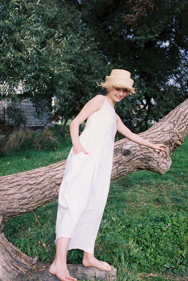 NINA Linen White Smock Maxi Sundress with Pockets