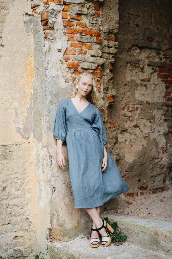 ERENA linen balloon sleeve wrap dress with ruffles and pockets