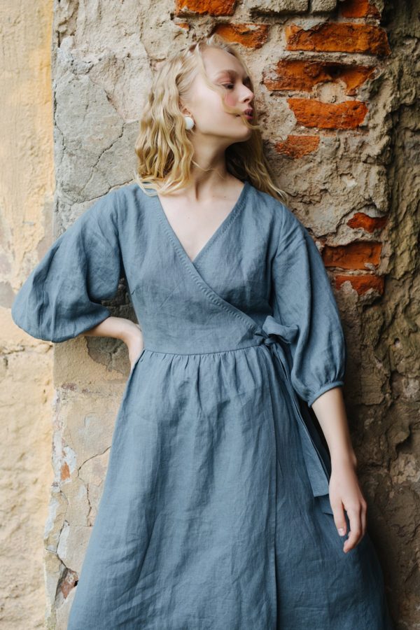 ERENA linen balloon sleeve wrap dress with ruffles and pockets