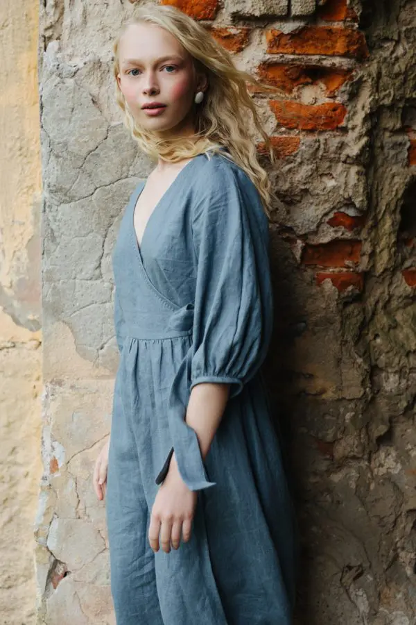 chinese dress ladies Tracey Linen Blend Unique Print Balloon Sleeve Tie-up Tunic Maxi Dress   roschic