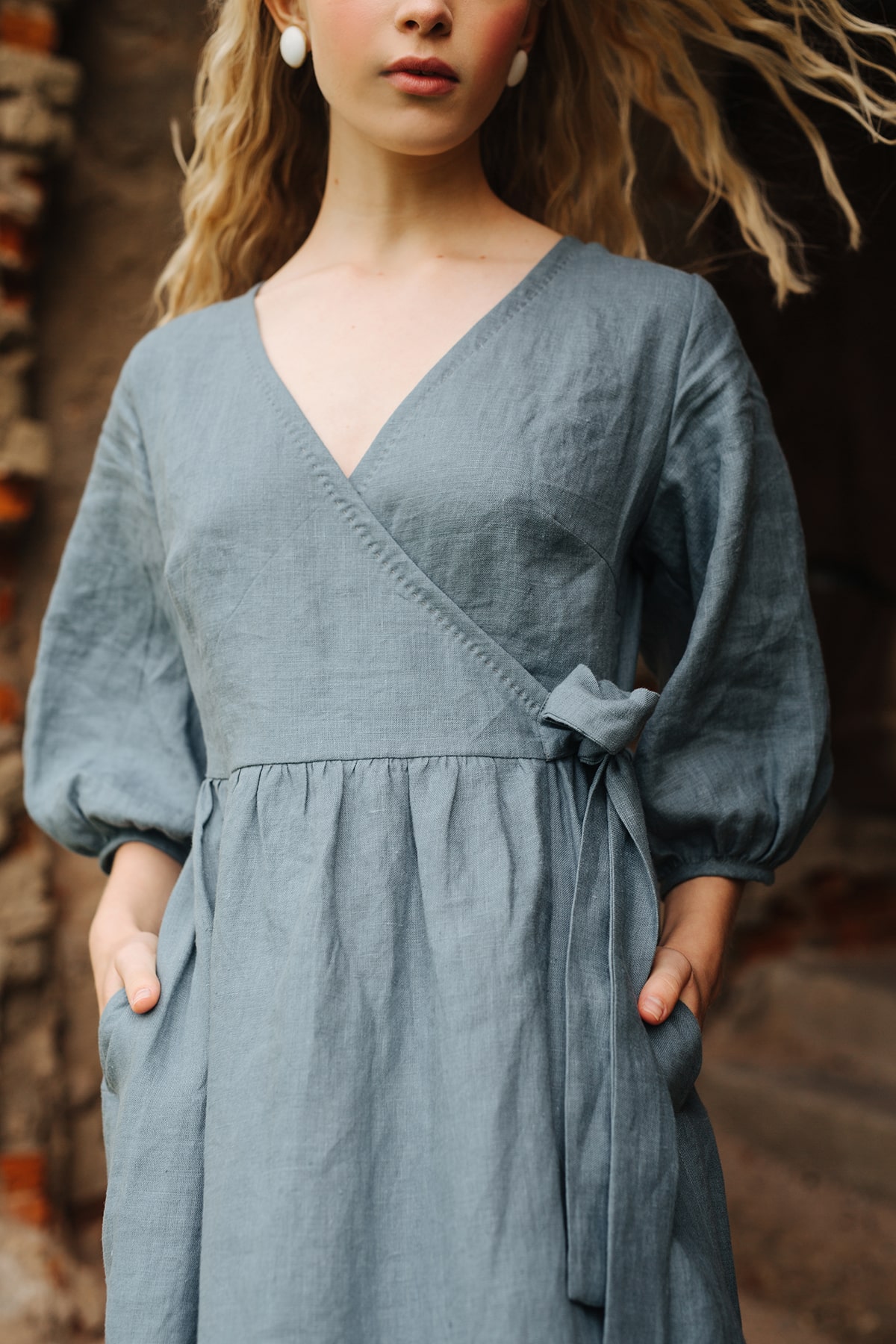 ERENA linen balloon sleeve wrap dress with ruffles and pockets