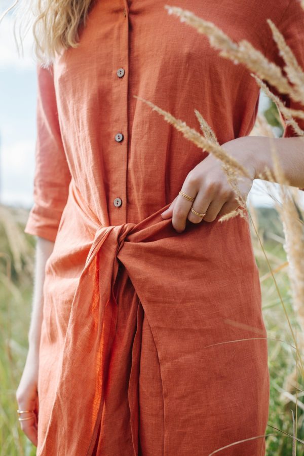 YANA Linen Tie Front Midi Shirt Dress