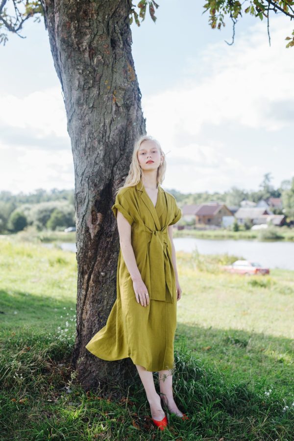 HANNA Linen Loose Tie Front Shirt Dress with Pockets