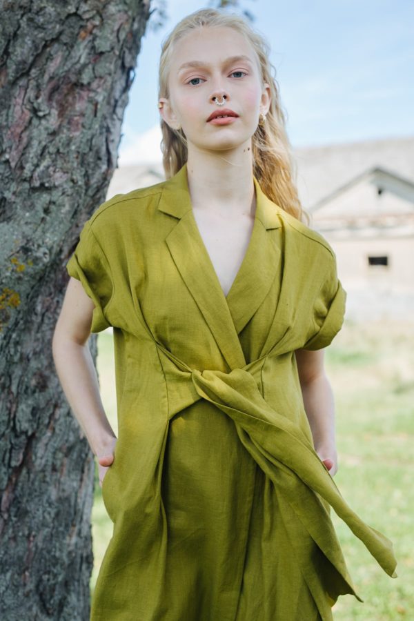 HANNA Linen Loose Tie Front Shirt Dress with Pockets