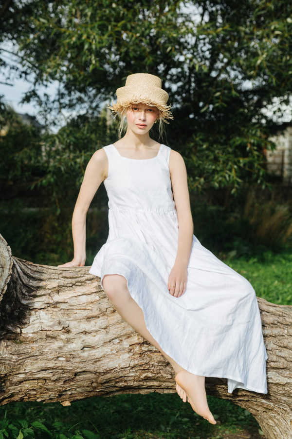 NINA Linen White Smock Maxi Sundress with Pockets