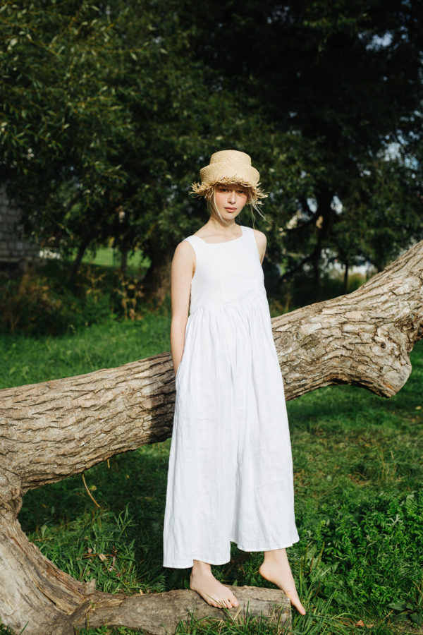 NINA Linen White Smock Maxi Sundress with Pockets