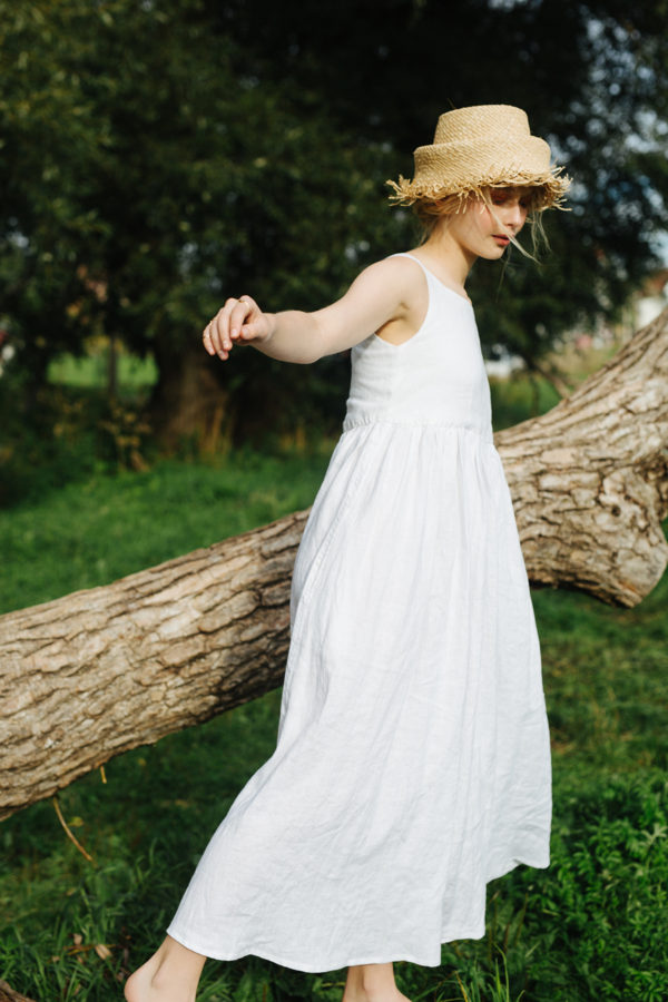 NINA Linen White Smock Maxi Sundress with Pockets