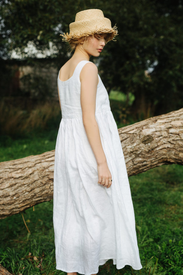 NINA Linen White Smock Maxi Sundress with Pockets