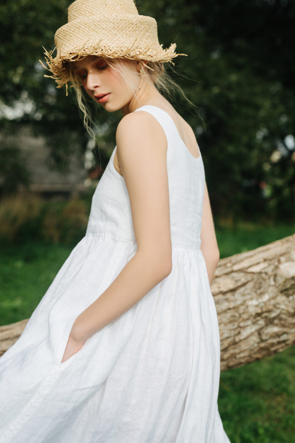 NINA Linen White Smock Maxi Sundress with Pockets