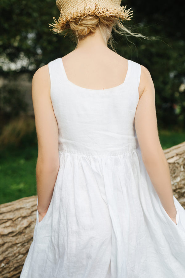 NINA Linen White Smock Maxi Sundress with Pockets